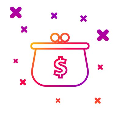 Beyaz arka planda dolar sembolü olan renkli cüzdan. Çanta ikonu. Nakit tasarruf sembolü. Kademeli rastgele dinamik şekiller. Vektör İllüstrasyonu