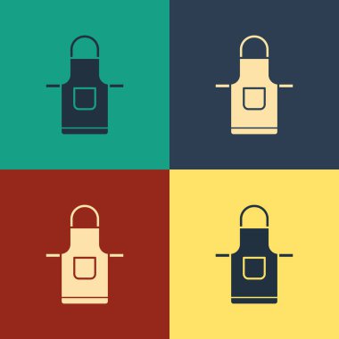 Renkli mutfak önlüğü simgesi renk arkaplanında izole edildi. Yemek pişirmek için şef üniforması. Klasik tarzda çizim. Vektör İllüstrasyonu