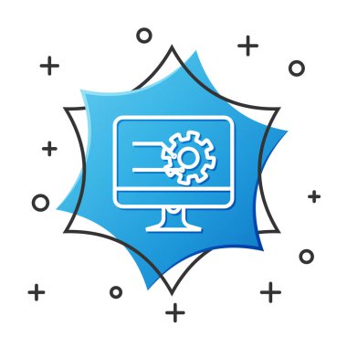 Beyaz arkaplanda grafik çizelgesi simgesi olan beyaz çizgi bilgisayar monitörü. Metin dosya simgesini rapor et. Muhasebe tabelası. Denetim, analiz, planlama. Mavi altıgen düğmesi. Vektör İllüstrasyonu