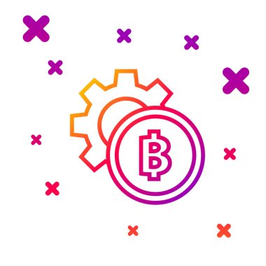 Beyaz arkaplanda izole edilmiş renkli Kripto para simgesi Bitcoin simgesi. Vites ve Bitcoin ayarı. Engelleme zinciri tabanlı şifreli para birimi. Kademeli rastgele dinamik şekiller. Vektör İllüstrasyonu