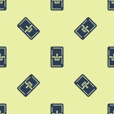 Mavi Joker iskambil simgesini sarı arka planda izole edilmiş kusursuz desen ile oynuyor. Kumarhane kumarı. Vektör İllüstrasyonu