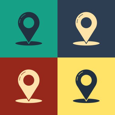 Renk arka planda yalıtılmış Renk Haritası pin simgesi. Navigasyon, işaretçi, yer, harita, gps, yön, yer, pusula, iletişim, arama konsepti. Vintage tarzı çizim. Vektör İllüstrasyonu