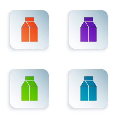 Beyaz arkaplanda izole edilmiş süt simgesi için renkli kağıt paketi. Süt paketi işareti. Renkli kare düğmelere simgeleri yerleştir. Vektör İllüstrasyonu