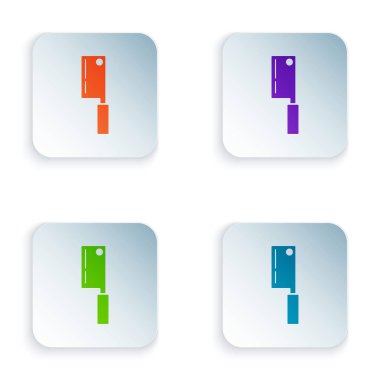 Renkli Et Helikopteri simgesi beyaz arkaplanda izole edildi. Et için mutfak bıçağı. Kasap bıçağı. Mutlu Cadılar Bayramı Partisi. Renkli kare düğmelere simgeleri yerleştir. Vektör İllüstrasyonu