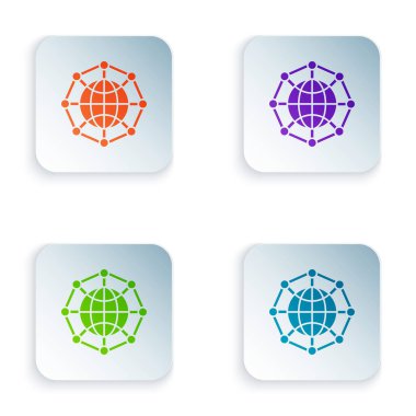 Renk Küresel teknolojisi veya sosyal ağ simgesi beyaz arkaplanda izole edildi. Renkli kare düğmelere simgeleri yerleştir. Vektör İllüstrasyonu