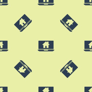 Mavi dizüstü bilgisayar ve akıllı ev simgesi sarı arka planda izole edilmiş kusursuz desen. Uzaktan kumanda. Vektör İllüstrasyonu