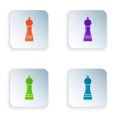 Beyaz arkaplanda izole edilmiş renkli karabiber simgesi. Yemek pişirme baharatları. Renkli kare düğmelere simgeleri yerleştir. Vektör İllüstrasyonu