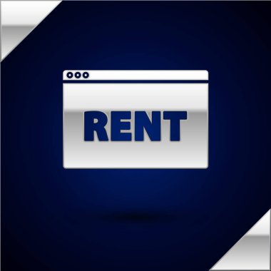 Çevrimiçi Kira simgesinin koyu mavi arka planda izole edildiği Gümüş Askı tabelası. Metin Rent 'li pano. Vektör İllüstrasyonu