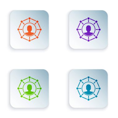 Renk Projesi temel simgesi beyaz arkaplanda izole edildi. İş analizi ve planlama, takım çalışması, proje yönetimi. Geliştiriciler. Renkli kare düğmelere simgeleri yerleştir. Vektör İllüstrasyonu