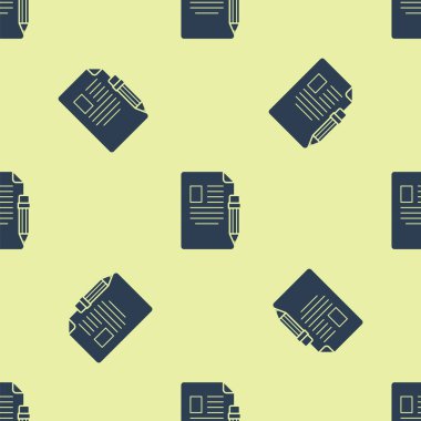 Silgi simgesine sahip mavi sınav kağıdı ve kalem sarı arkaplanda izole edilmiş kusursuz desen. Sınav kağıdı, sınav ya da araştırma konsepti. Sınav ya da sınav. Vektör İllüstrasyonu