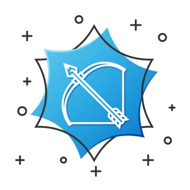 Beyaz çizgi yay ve ok beyaz arkaplanda izole edilmiş ok simgesi. Mavi altıgen düğmesi. Vektör İllüstrasyonu