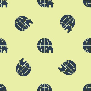 Evin sembol simgesine sahip Mavi Küre sarı arka planda izole edilmiş kusursuz desen. Emlak konsepti. Vektör İllüstrasyonu