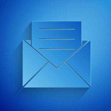 Kağıt, Zarfı mavi arkaplanda izole edilmiş bir davet kartı simgesi ile kesti. Kağıt sanatı tarzı. Vektör İllüstrasyonu