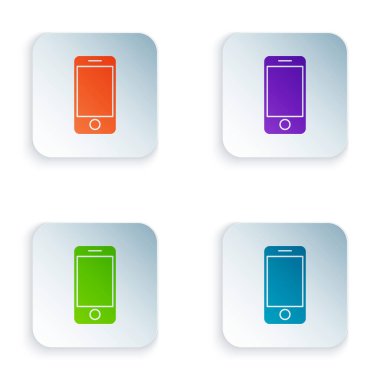 Uygulama dağıtım ikonu olan renkli mobil akıllı telefon beyaz arkaplanda izole edildi. Paket takibi. Renkli kare düğmelere simgeleri yerleştir. Vektör İllüstrasyonu