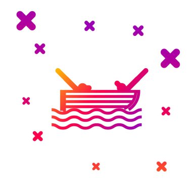 Su ikonu üzerinde olta olan renkli balıkçı teknesi beyaz arka planda izole edilmiş. Kademeli rastgele dinamik şekiller. Vektör İllüstrasyonu