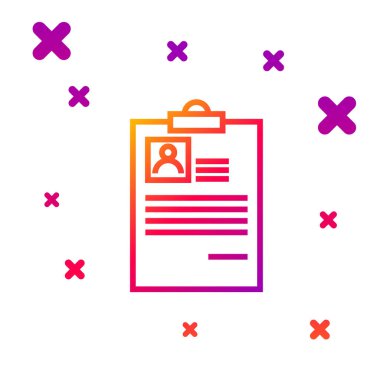 Beyaz arkaplanda özgeçmiş simgesi izole edilmiş renk satırı panosu. Özgeçmiş başvurusu. Müfredat vitae, profil fotoğraflı iş başvuru formu. Kademeli rastgele dinamik şekiller. Vektör İllüstrasyonu