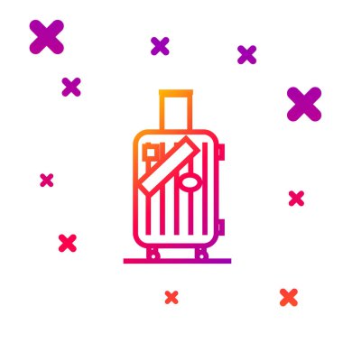 Seyahat için renkli bavul ve beyaz arkaplanda izole edilmiş çıkartma simgesi. Seyahat bagaj tabelası. Seyahat bagaj ikonu. Kademeli rastgele dinamik şekiller. Vektör İllüstrasyonu