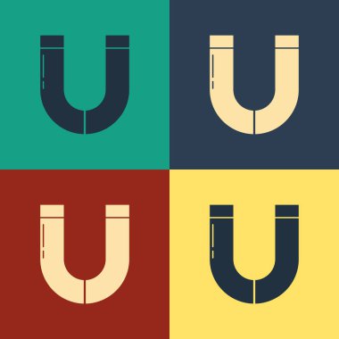 Renk arkaplanında izole edilmiş renkli mıknatıs simgesi. At nalı mıknatısı, manyetizma, manyetizma, çekim. Klasik tarzda çizim. Vektör İllüstrasyonu