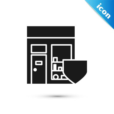 Beyaz zemin üzerinde kalkan simgesi olan siyah alışveriş binası. Sigorta konsepti. Güvenlik, güvenlik, koruma, konsept koruma. Vektör İllüstrasyonu