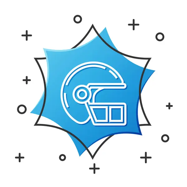Ícone de capacete de futebol americano linha branca isolado no fundo branco. Botão hexágono azul. Ilustração vetorial — Vetor de Stock