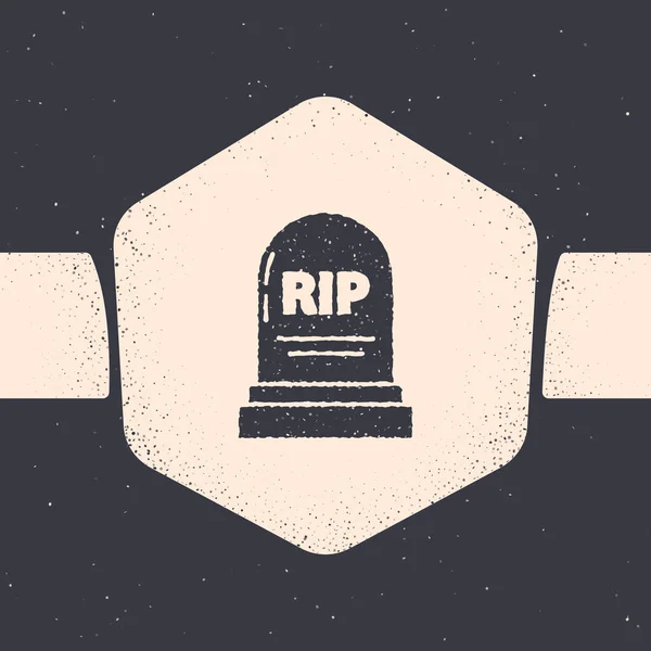 Grunge Tombstone with RIP written on it icon isolated on grey background. Grave icon. Monochrome vintage drawing. Vector Illustration — стоковий вектор