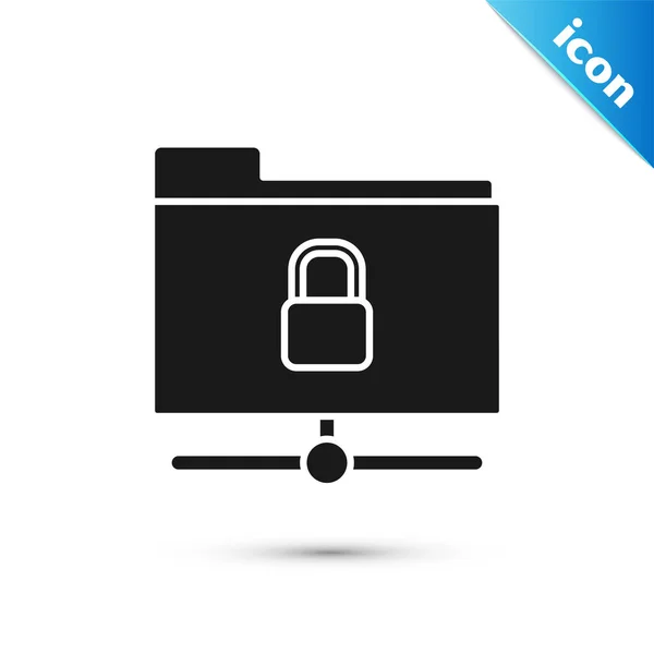 Cartella FTP nera e icona di blocco isolata su sfondo bianco. Concetto di aggiornamento software. Sicurezza, concetto di protezione. Illustrazione vettoriale — Vettoriale Stock