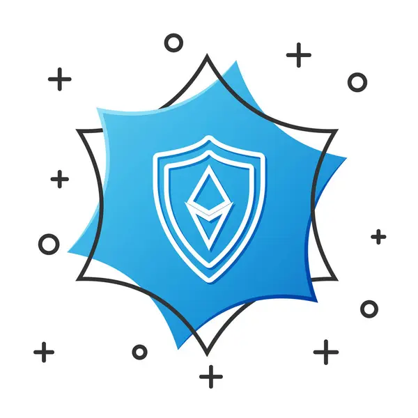 Fehér vonal Shield Ethereum Eth ikon elszigetelt fehér alapon. Kriptovaluta bányászat, blockchain technológia, biztonság, védelem, digitális pénz. Kék hatszög gomb. Vektorillusztráció — Stock Vector