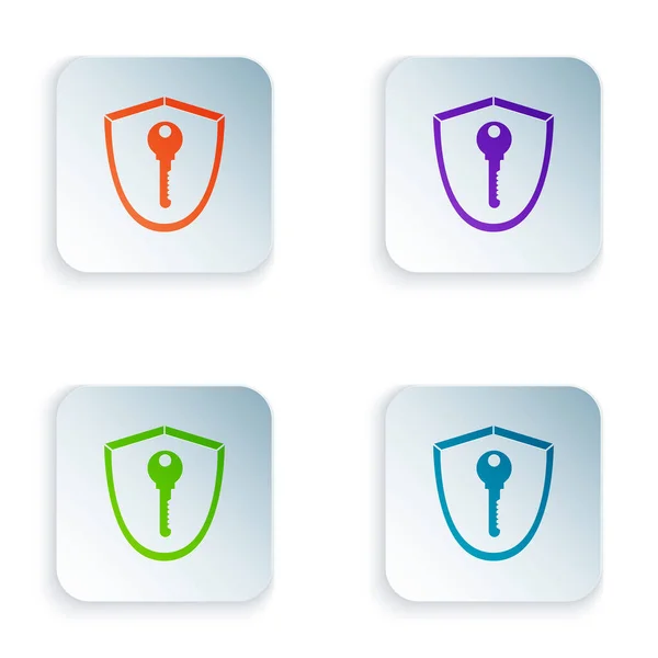 Color Shield with key icon isolated on white background. Protection and security concept. Safety badge icon. Privacy banner. Defense tag. Set icons in colorful square buttons. Vector Illustration — Stock Vector