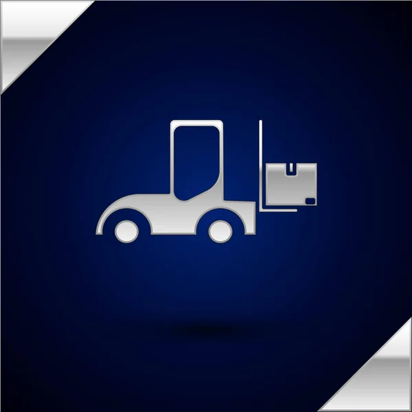 Silver Forklift truck icoon geïsoleerd op donkerblauwe achtergrond. Vorklader en kartonnen doos. Vrachtvervoer, verzending, transport. Vector Illustratie — Stockvector