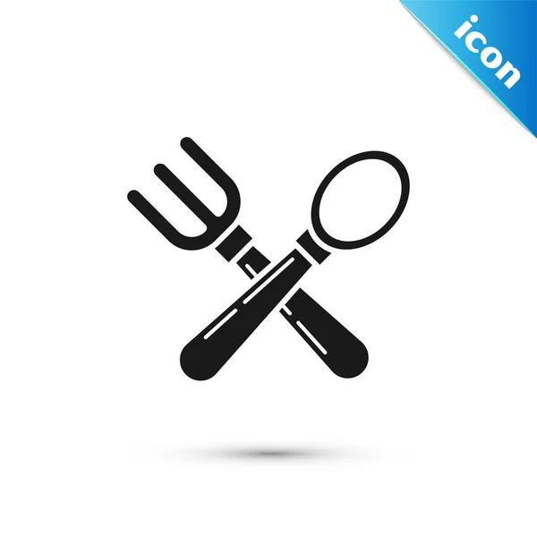 Negro Cruzado tenedor y cuchara icono aislado sobre fondo blanco. Utensil de cocina. Signo de cubertería. Ilustración vectorial — Vector de stock