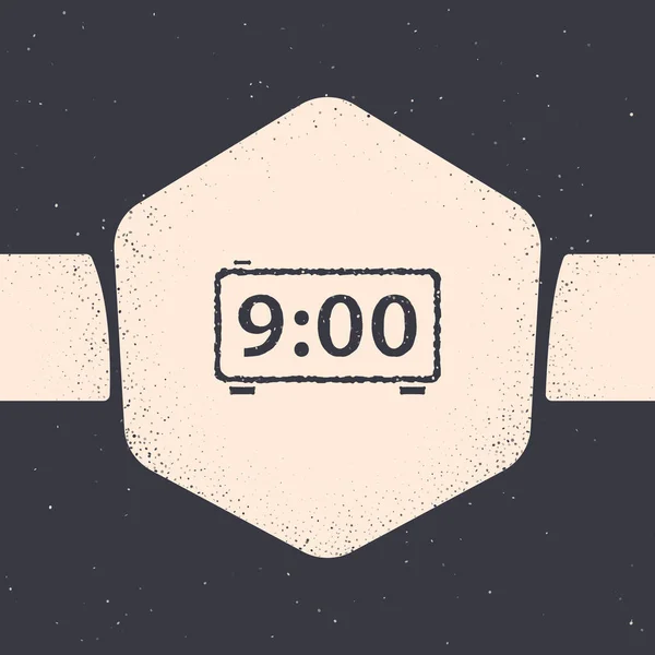 Цифровой значок будильника на сером фоне. Электронный часы будильник. Значок времени. Монохромный винтажный рисунок. Векторная миграция — стоковый вектор