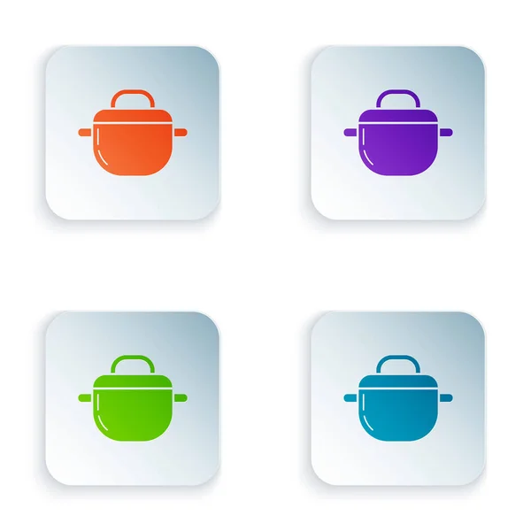Color Icono de olla de cocina aislado sobre fondo blanco. Hervir o guisar el símbolo de la comida. Establecer iconos en botones cuadrados de colores. Ilustración vectorial — Archivo Imágenes Vectoriales