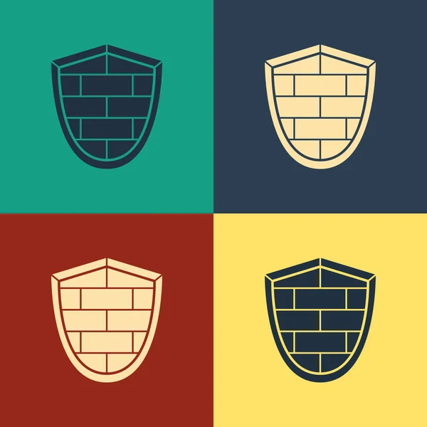 Color Shield con icona murale in mattoni di sicurezza informatica isolata su sfondo a colori. Simbolo della protezione dei dati. Logo firewall. Protezione della rete. Disegno in stile vintage. Illustrazione vettoriale — Vettoriale Stock