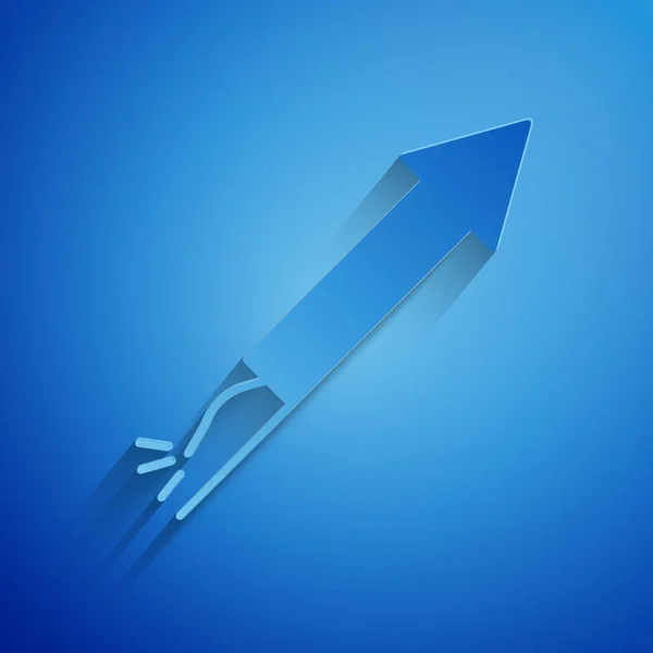 Papper skära fyrverkeri raket ikon isolerad på blå bakgrund. Konceptet med rolig fest. Explosiv pyroteknisk symbol. Papperskonst stil. Vektor illustration — Stock vektor