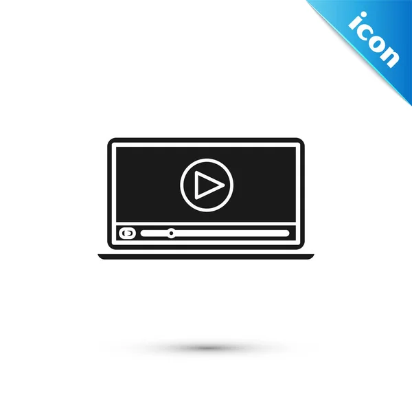 Black Online play video icon isolated on white background. Laptop and film strip with play sign. Vector Illustration — ストックベクタ