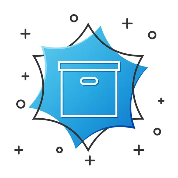 Línea blanca Icono de caja de cartón aislado sobre fondo blanco. Caja, paquete, signo de paquete. Entrega y embalaje. Transporte y envío. Botón hexágono azul. Ilustración vectorial — Vector de stock