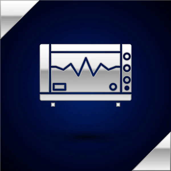 Silver Computer monitor dengan ikon kardiogram Terisolasi pada latar belakang biru tua. Ikon pemantauan. ECG monitor dengan detak jantung tangan digambar. Ilustrasi Vektor - Stok Vektor