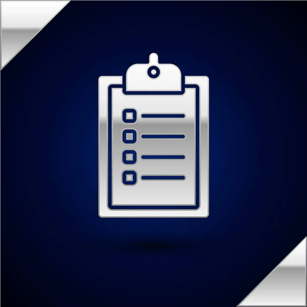 Silver Verification of delivery list clipboard icon isolated on dark blue background. Ilustração vetorial — Vetor de Stock