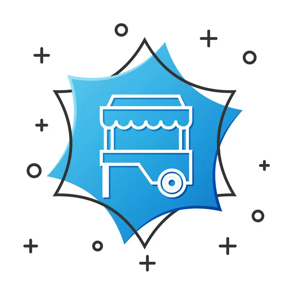Weiße Linie Fast-Food-Wagen mit Markise Symbol isoliert auf weißem Hintergrund. Stadtkiosk. blauer Sechskant-Knopf. Vektorillustration — Stockvektor