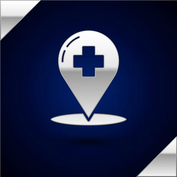 Silver Medical karta pekare med kors sjukhus ikon isolerad på mörkblå bakgrund. Vektor Illustration — Stock vektor