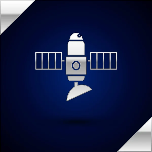 Ícone Silver Satellite isolado no fundo azul escuro. Ilustração vetorial —  Vetores de Stock