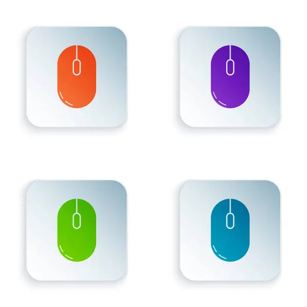 Beyaz arka planda izole renkli bilgisayar fare simgesi. Tekerlek sembollü optik. Renkli kare düğmeleri simgeleri ayarlayın. Vektör Illustration — Stok Vektör