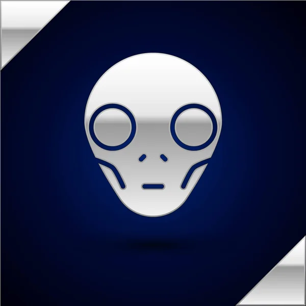 Argento icona aliena isolata su sfondo blu scuro. Faccia aliena extraterrestre o simbolo della testa. Illustrazione vettoriale — Vettoriale Stock