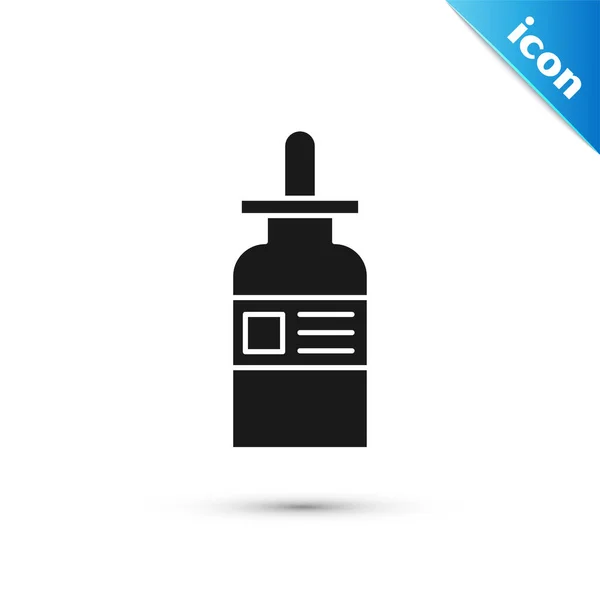 Flacon en verre noir avec une icône pipette isolée sur fond blanc. Conteneur pour produits médicaux et cosmétiques. Illustration vectorielle — Image vectorielle