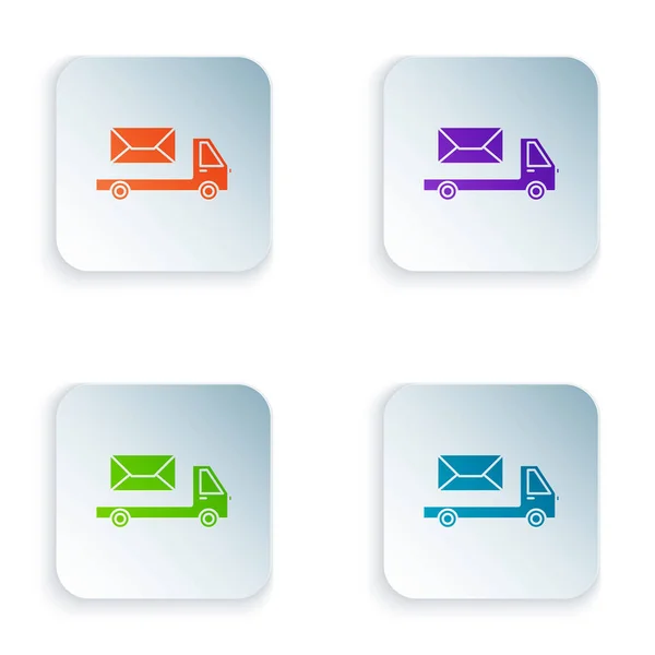 Warna ikon truk Post diisolasi pada latar belakang putih. Mobil surat. Kendaraan transportasi truk dengan amplop atau surat. Mengatur ikon dalam warna-warni tombol persegi. Ilustrasi Vektor - Stok Vektor