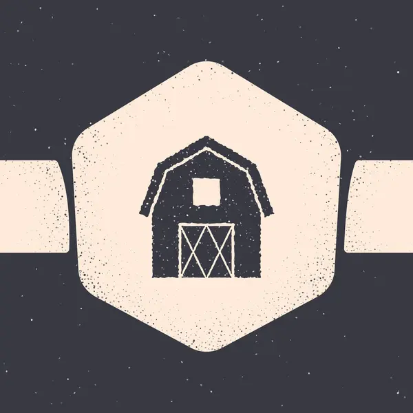 Icono de concepto Grunge Farm House aislado sobre fondo gris. Granja rústica paisaje. Dibujo vintage monocromo. Ilustración vectorial — Vector de stock