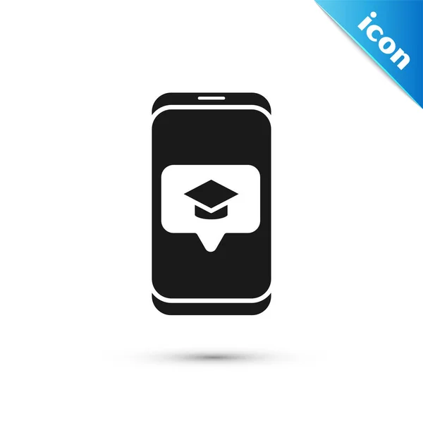 Capa de graduação preta no ícone do smartphone da tela isolada no fundo branco. Aprendizagem online ou conceito de e-learning. Ilustração vetorial — Vetor de Stock