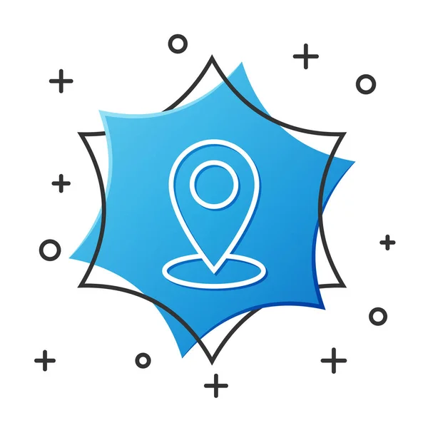 Línea blanca Icono de pin de mapa aislado sobre fondo blanco. Navegación, puntero, ubicación, mapa, GPS, dirección, lugar, brújula, contacto, concepto de búsqueda. Botón hexágono azul. Ilustración vectorial — Vector de stock