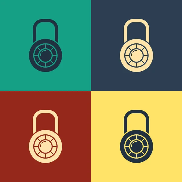 Color Safe combination lock wheel icon isolated on color background. Combination padlock. Security, safety, protection, password, privacy. Vintage style drawing. Vector Illustration — Stock Vector