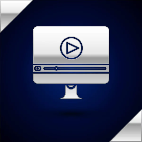 Silbernes Online-Play-Video-Symbol isoliert auf dunkelblauem Hintergrund. Computermonitor und Filmstreifen mit Spielzeichen. Vektorillustration — Stockvektor